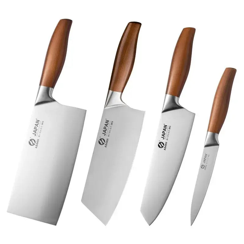 Japanese chef knife set with meat cleaver, stainless steel blades, wooden handles, eco-friendly and CE-certified for precision cooking.