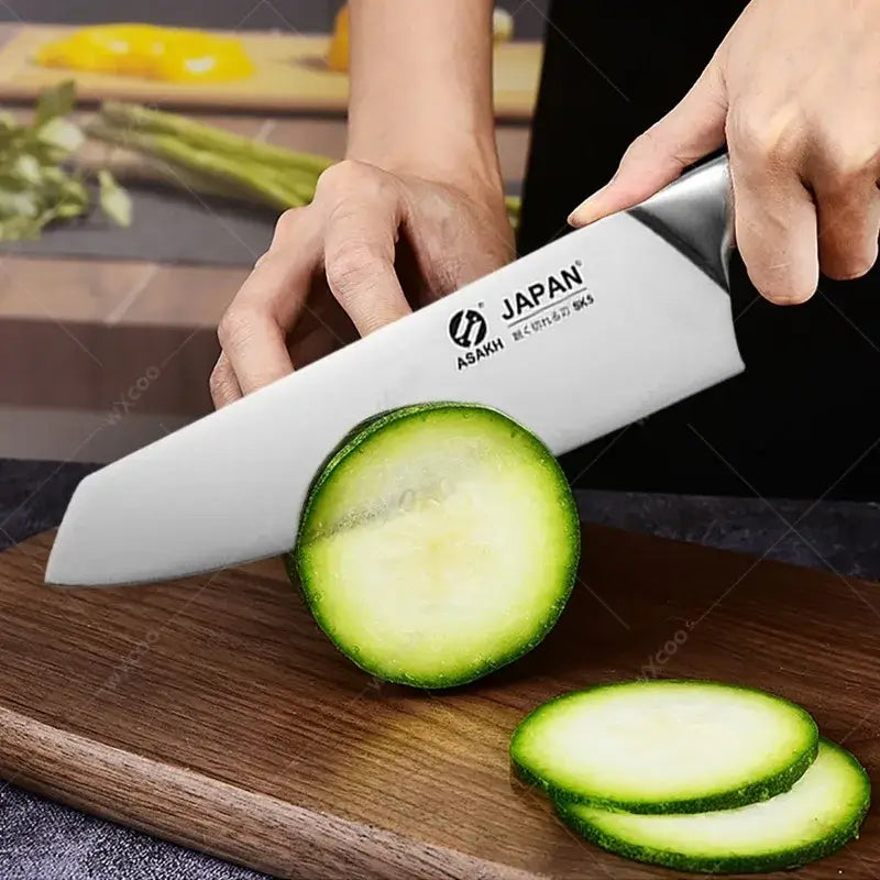 Japanese chef knife set with meat cleaver, stainless steel blades, wooden handles, eco-friendly and CE-certified for precision cooking.