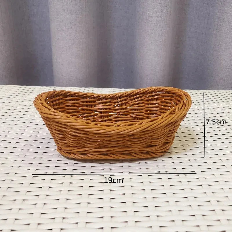 Wicker basket on a white woven surface with measurements indicated