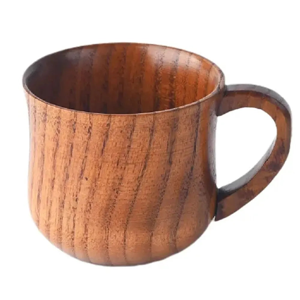 EcoNest 130ml Eco-Friendly Solid Wood Cup with Handle featuring tea inside on a rustic wooden table.