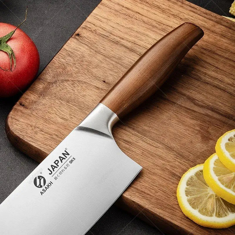 Japanese chef knife set with meat cleaver, stainless steel blades, wooden handles, eco-friendly and CE-certified for precision cooking.