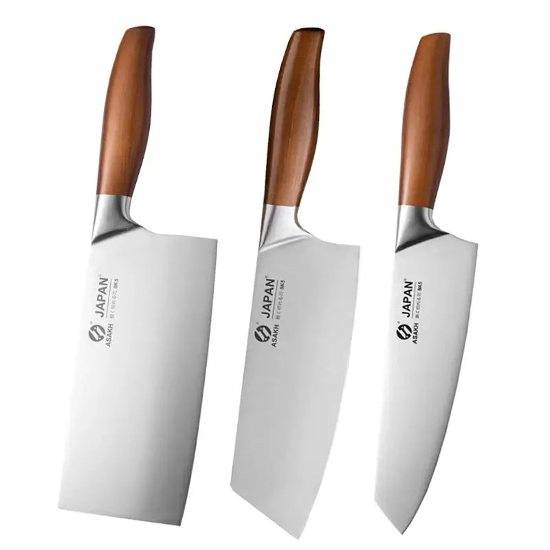 Japanese chef knife set with meat cleaver, stainless steel blades, wooden handles, eco-friendly and CE-certified for precision cooking.