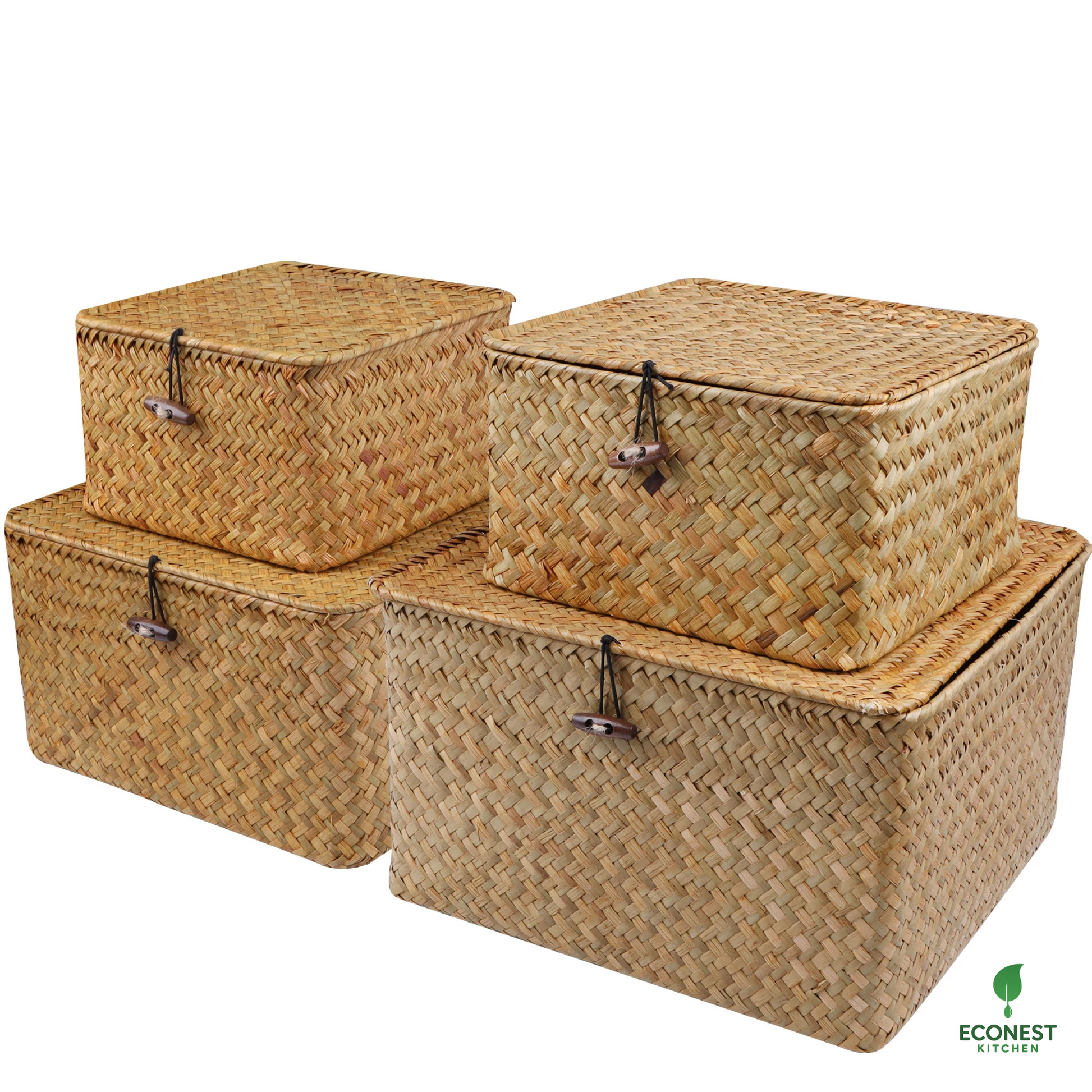 Set of three woven storage baskets with lids on a white background, featuring the Econest Kitchen brand.