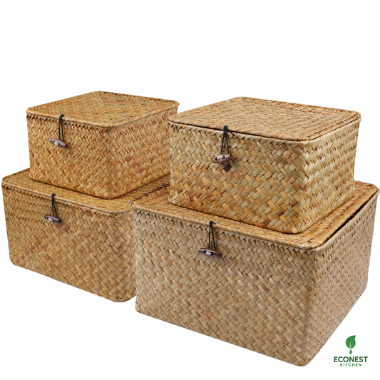 Set of three woven storage baskets with lids on a white background, featuring the Econest Kitchen brand.