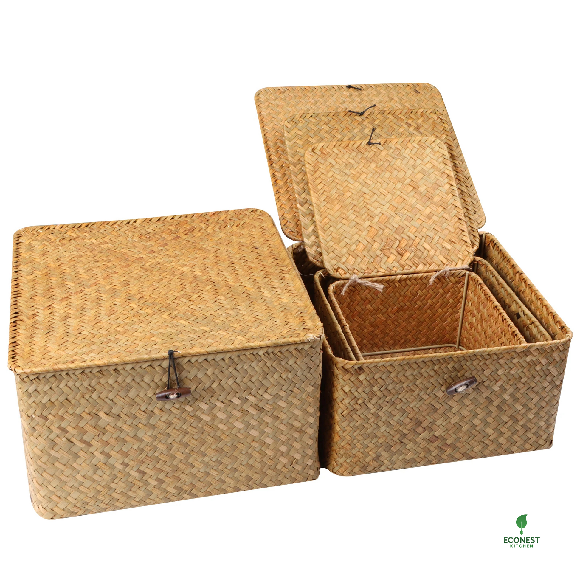 Set of woven storage boxes with lids on a white background, featuring the Econest brand.