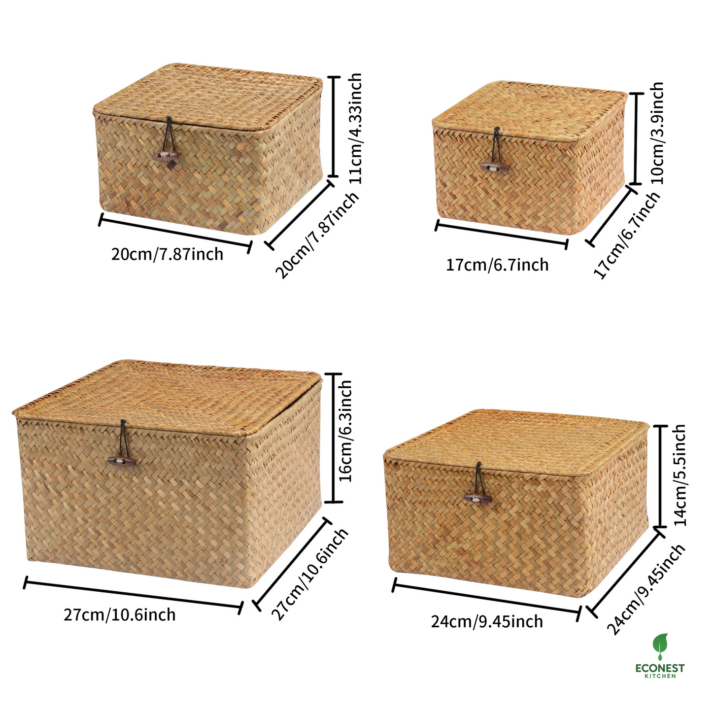 Set of four woven storage boxes with dimensions labeled, featuring the Econest logo.