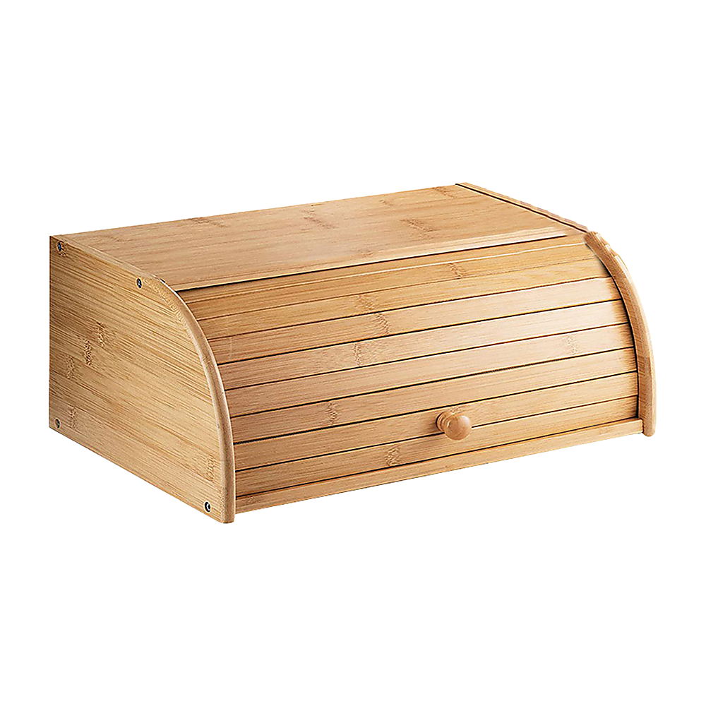 Wooden bread box with a roll-top lid on a white background
