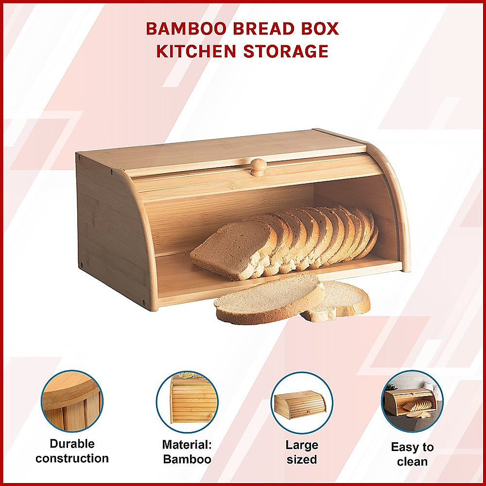 Wooden bread box with sliced bread inside, labeled as kitchen storage solution.