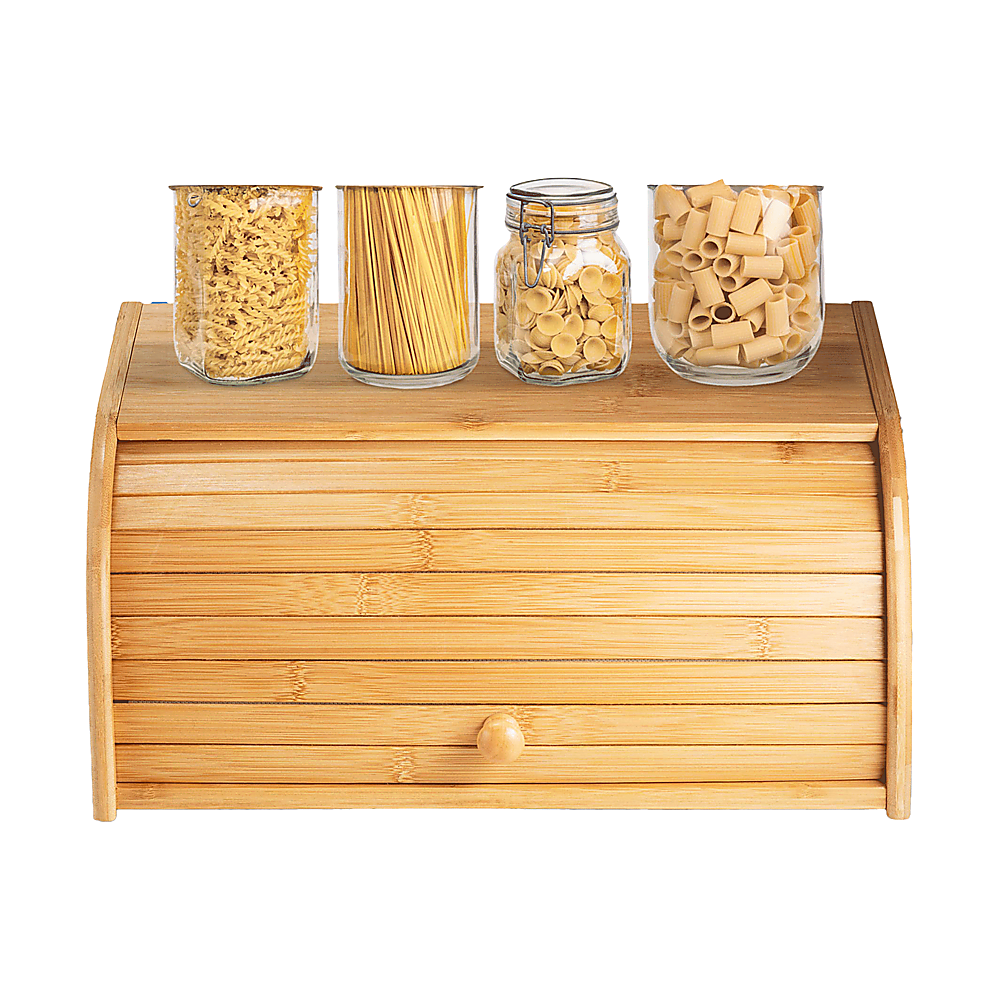 Bamboo bread box with glass jars containing pasta on a white background