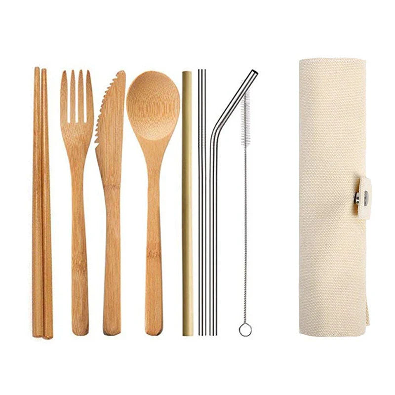 Eco-friendly bamboo travel cutlery set with reusable fork, spoon, and knife in a carrying pouch.