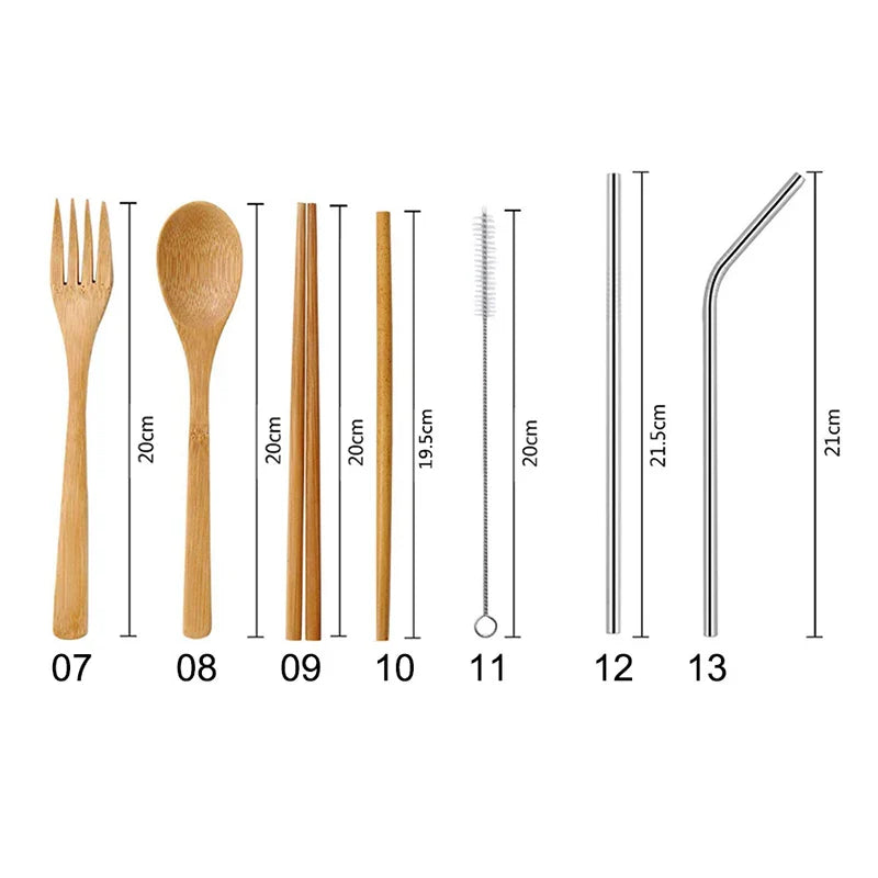 Eco-friendly bamboo travel cutlery set with reusable fork, spoon, and knife in a carrying pouch.