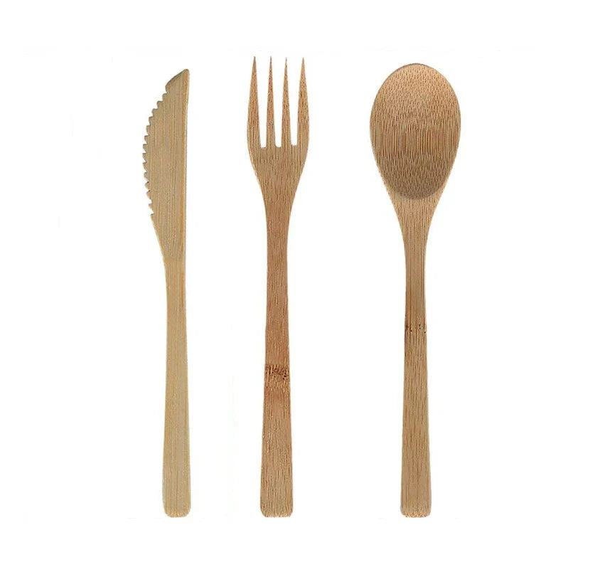 Eco-friendly bamboo travel cutlery set with reusable fork, spoon, and knife in a carrying pouch.