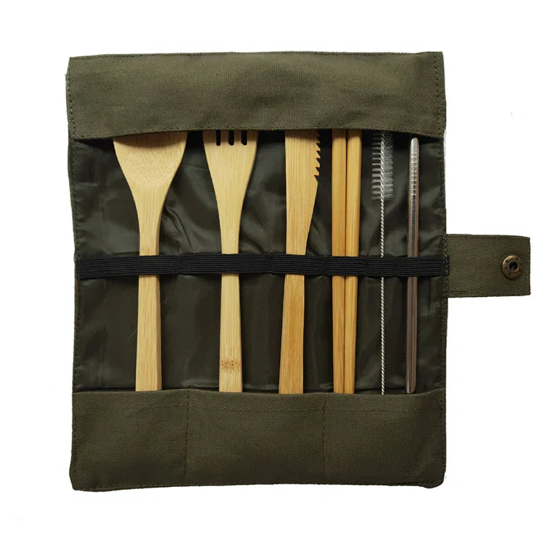 Eco-friendly bamboo travel cutlery set with reusable fork, spoon, and knife in a carrying pouch.