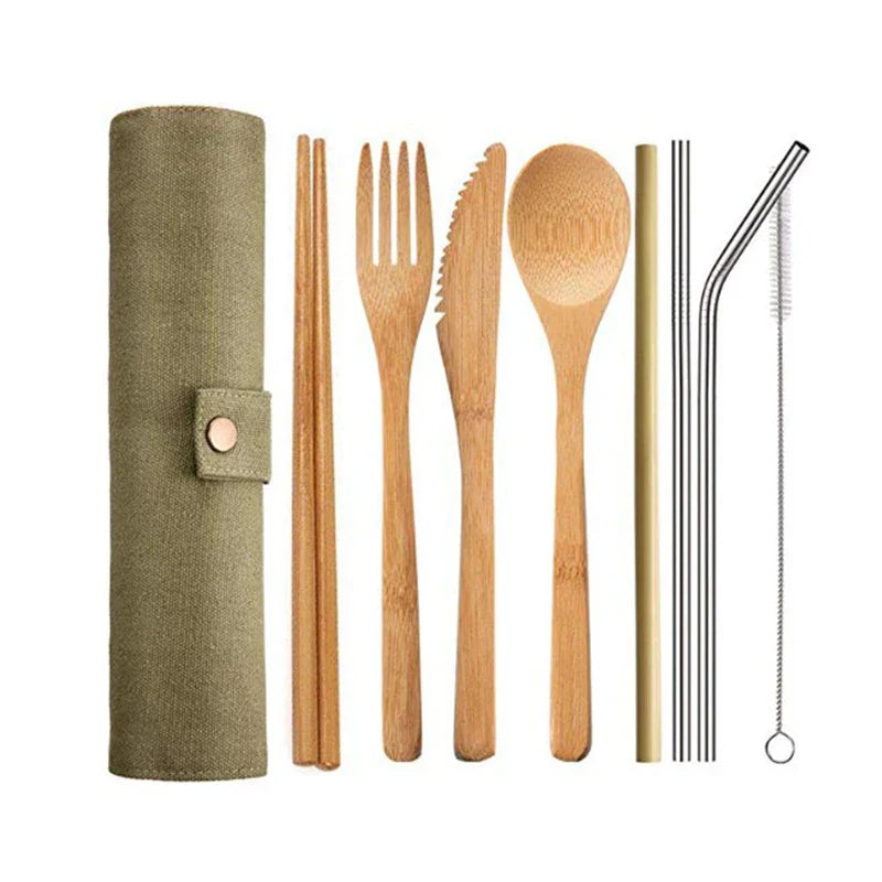 Eco-friendly bamboo travel cutlery set with reusable fork, spoon, and knife in a carrying pouch.