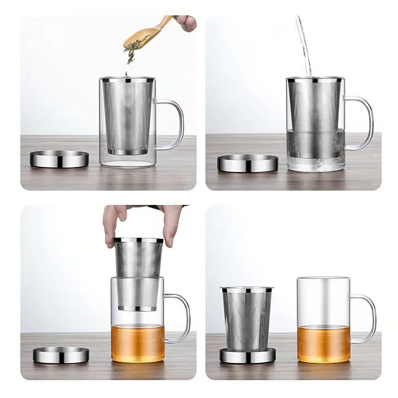High borosilicate glass travel mug with tea infuser, filter, and sturdy handgrip, ideal for hot and cold beverages.