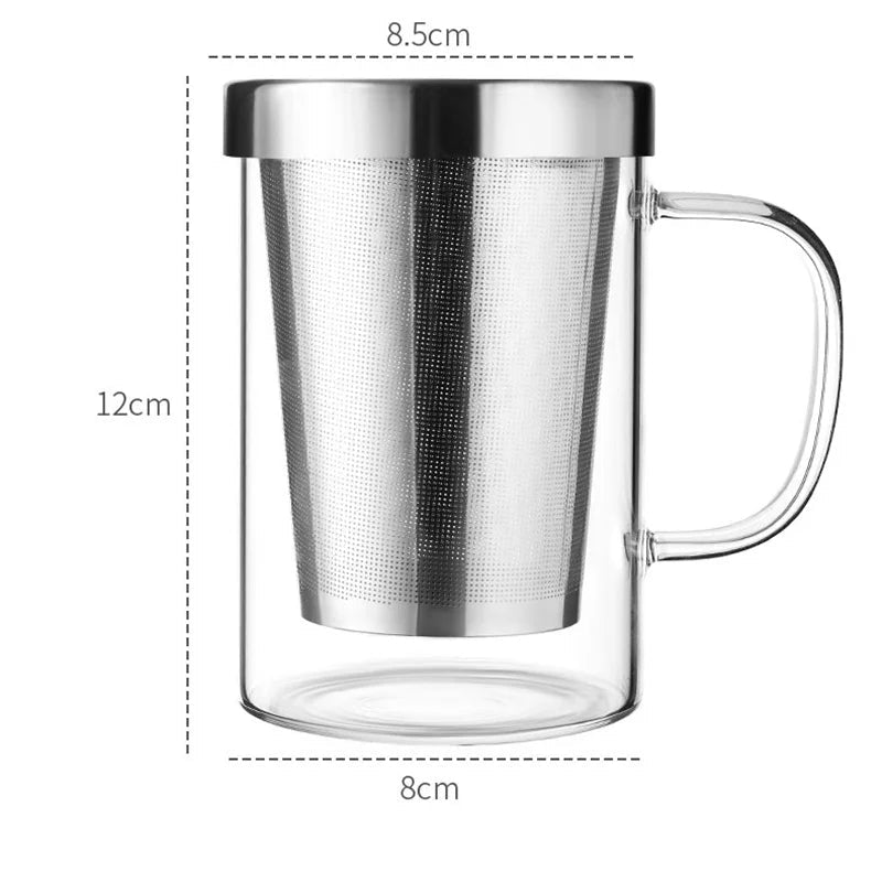 High borosilicate glass travel mug with tea infuser, filter, and sturdy handgrip, ideal for hot and cold beverages.