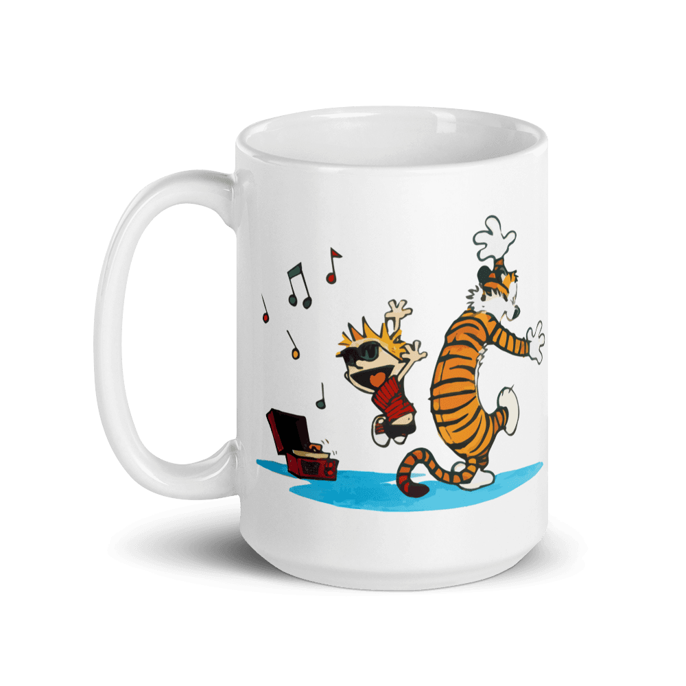 Calvin & Hobbes Dancing with Record Player Mug - Ceramic, Dishwasher & Microwave Safe for eco-friendly coffee enjoyment.