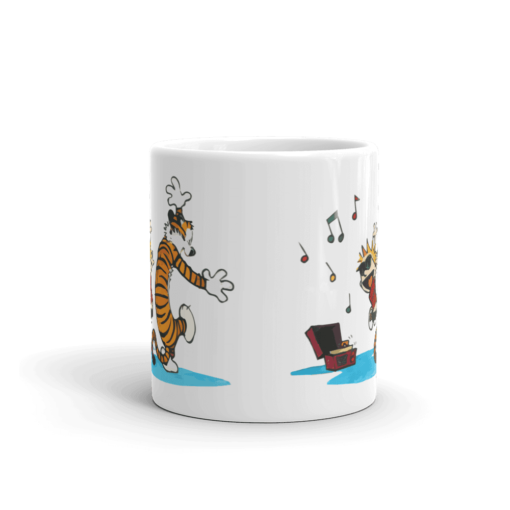 Calvin & Hobbes Dancing with Record Player Mug - Ceramic, Dishwasher & Microwave Safe in eco-friendly, minimalist design.