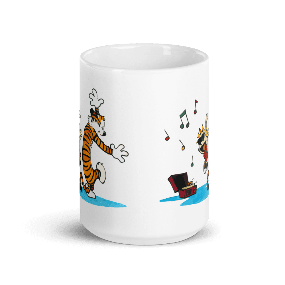 Calvin & Hobbes Dancing with Record Player Mug - Ceramic, Dishwasher & Microwave Safe for eco-friendly kitchen use.