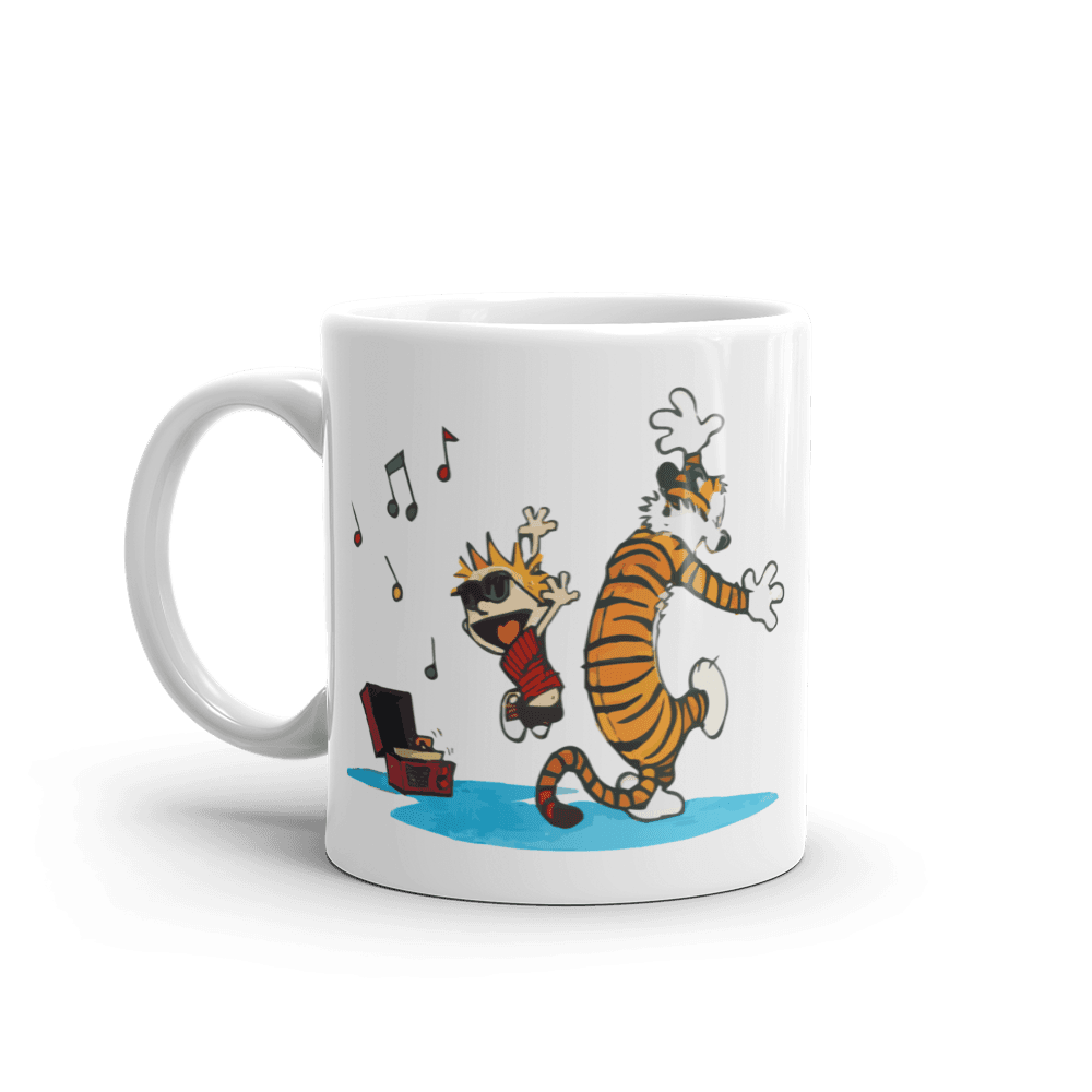 Calvin & Hobbes Dancing with Record Player Mug - Ceramic, Dishwasher & Microwave Safe, eco-friendly and reusable coffee cup.