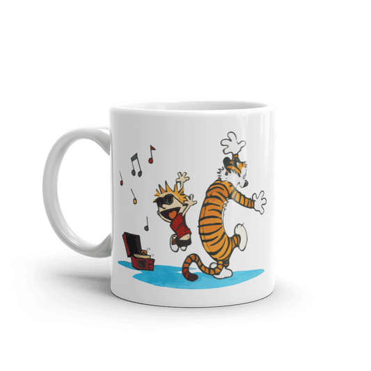 Calvin & Hobbes Dancing with Record Player Mug - Ceramic, Dishwasher & Microwave Safe, eco-friendly and reusable coffee cup.