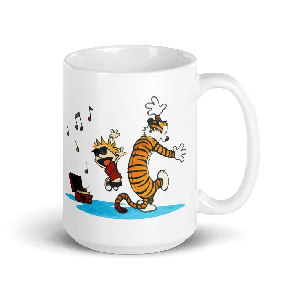Calvin & Hobbes Dancing with Record Player Mug - Ceramic, Dishwasher & Microwave Safe, eco-friendly, reusable and sustainable kitchen.