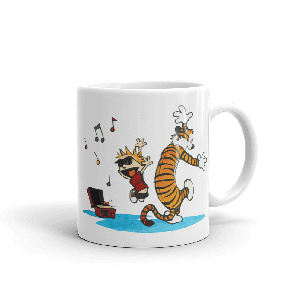 Calvin & Hobbes Dancing with Record Player Mug - Ceramic, Dishwasher & Microwave Safe for eco-friendly kitchen use.