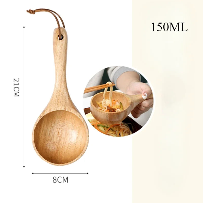 Large Japanese-style wooden spoon for ramen, rice, and water serving, made from natural safe wood, eco-friendly kitchen utensil.
