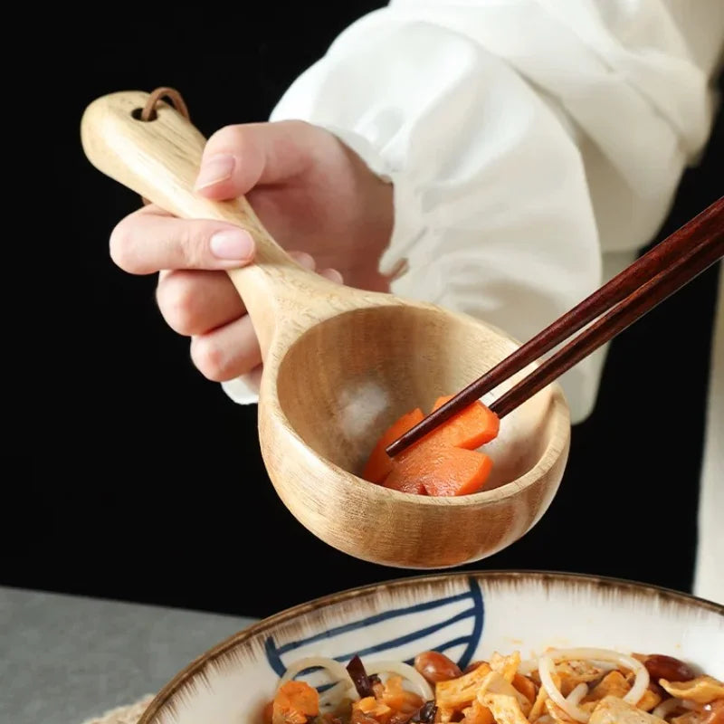 Large Japanese-style wooden spoon for ramen, rice, and water serving, made from natural safe wood, eco-friendly kitchen utensil.