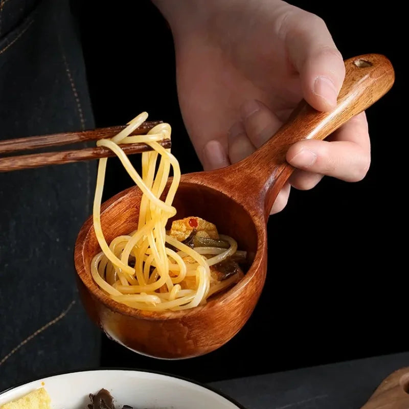 Large Japanese-style wooden spoon for ramen, rice, and water serving, made from natural safe wood, eco-friendly kitchen utensil.