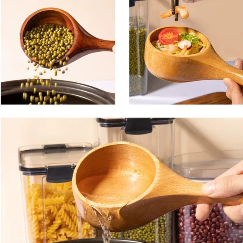Large Japanese-style wooden spoon for ramen, rice, and water serving, made from natural safe wood, eco-friendly kitchen utensil.