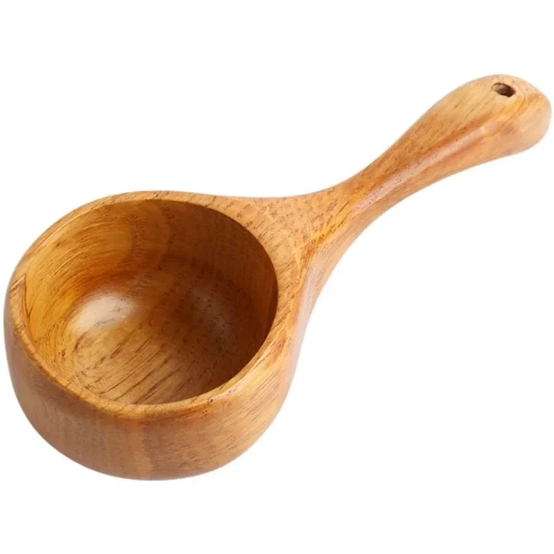 Large Japanese-style wooden spoon for ramen, rice, and water serving, made from natural safe wood, eco-friendly kitchen utensil.