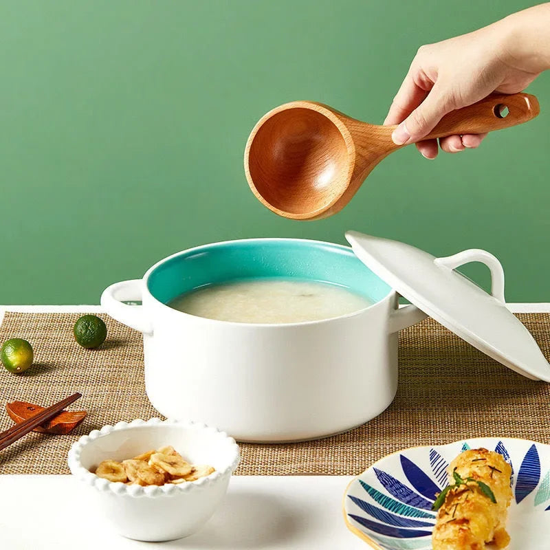 Large Japanese-style wooden spoon for ramen, rice, and water serving, made from natural safe wood, eco-friendly kitchen utensil.