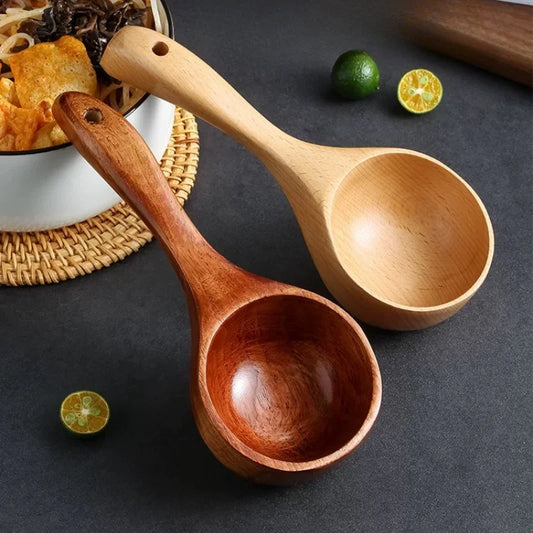 Large Japanese-style wooden spoon for ramen, rice, and water serving, made from natural safe wood, eco-friendly kitchen utensil.