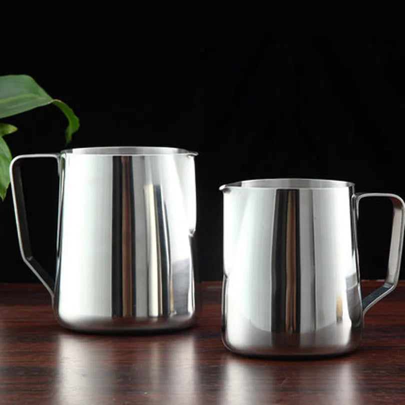DROHOEY Stainless Steel Milk Frothing Jug - Latte Pitcher (150–1000ml) in polished finish for sustainable kitchen use.