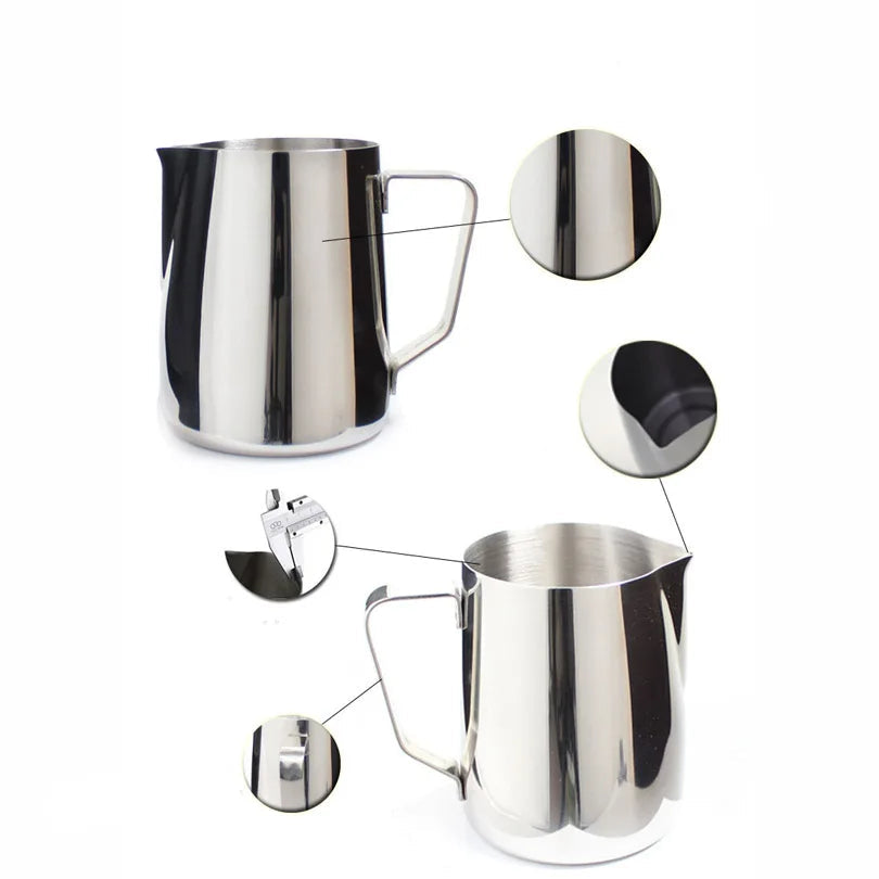 DROHOEY Stainless Steel Milk Frothing Jug - Latte Pitcher (150–1000ml) showcasing precision spout and mirror finish.