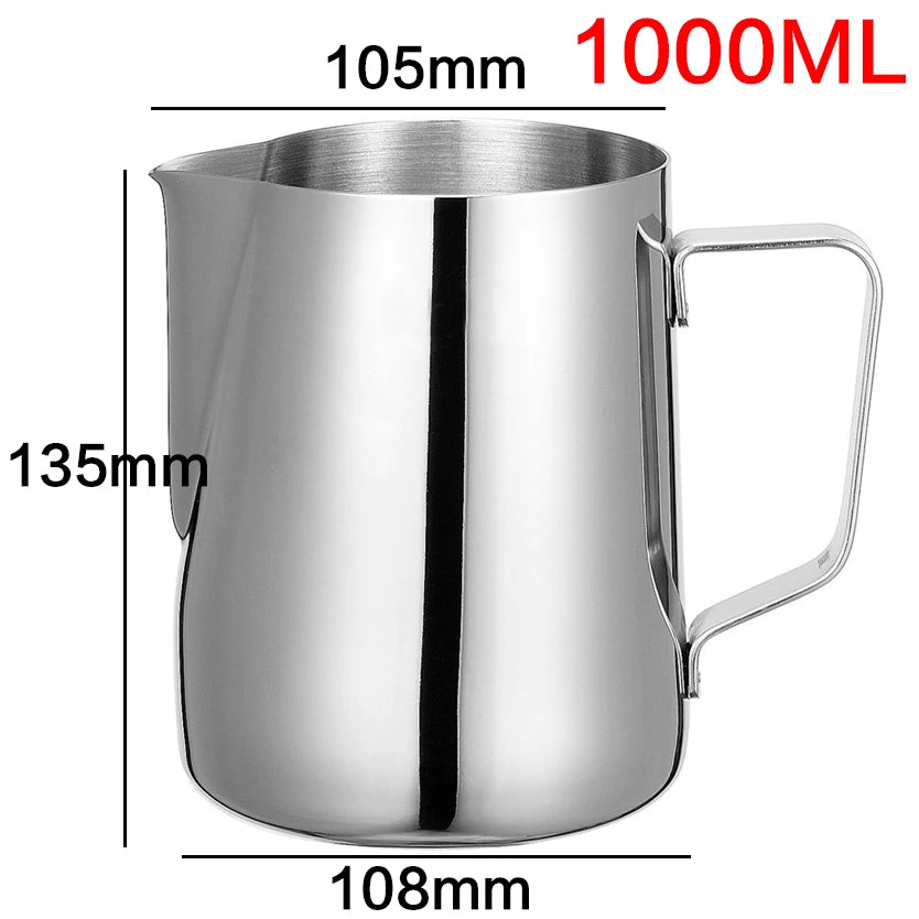 DROHOEY Stainless Steel Milk Frothing Jug - Latte Pitcher (150–1000ml) shown with dimensions for easy reference.