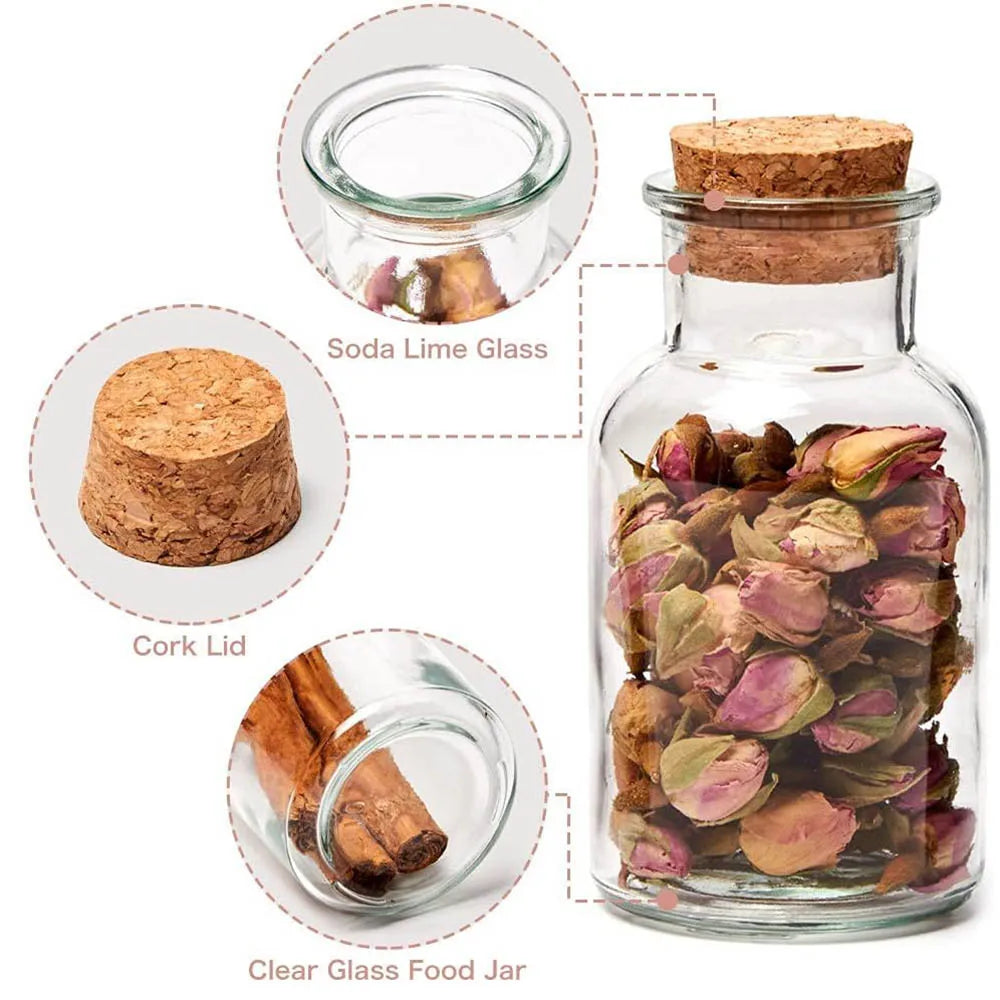 EcoNest Kitchen 5oz Clear Glass Spice Jars with Cork Lids – Reusable Herb and Seasoning Containers.