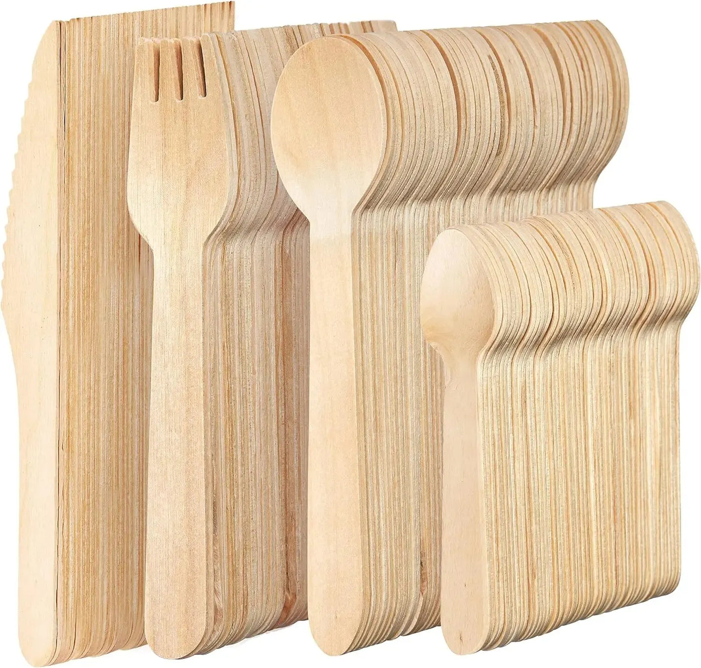 200 Pcs Party Disposable Wooden Tableware Set including forks, spoons, and teaspoons on a wooden table.