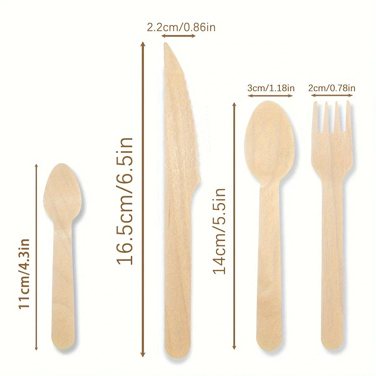 200 Pcs Party Disposable Wooden Tableware Set including forks, spoons, and teaspoons on a wooden table.