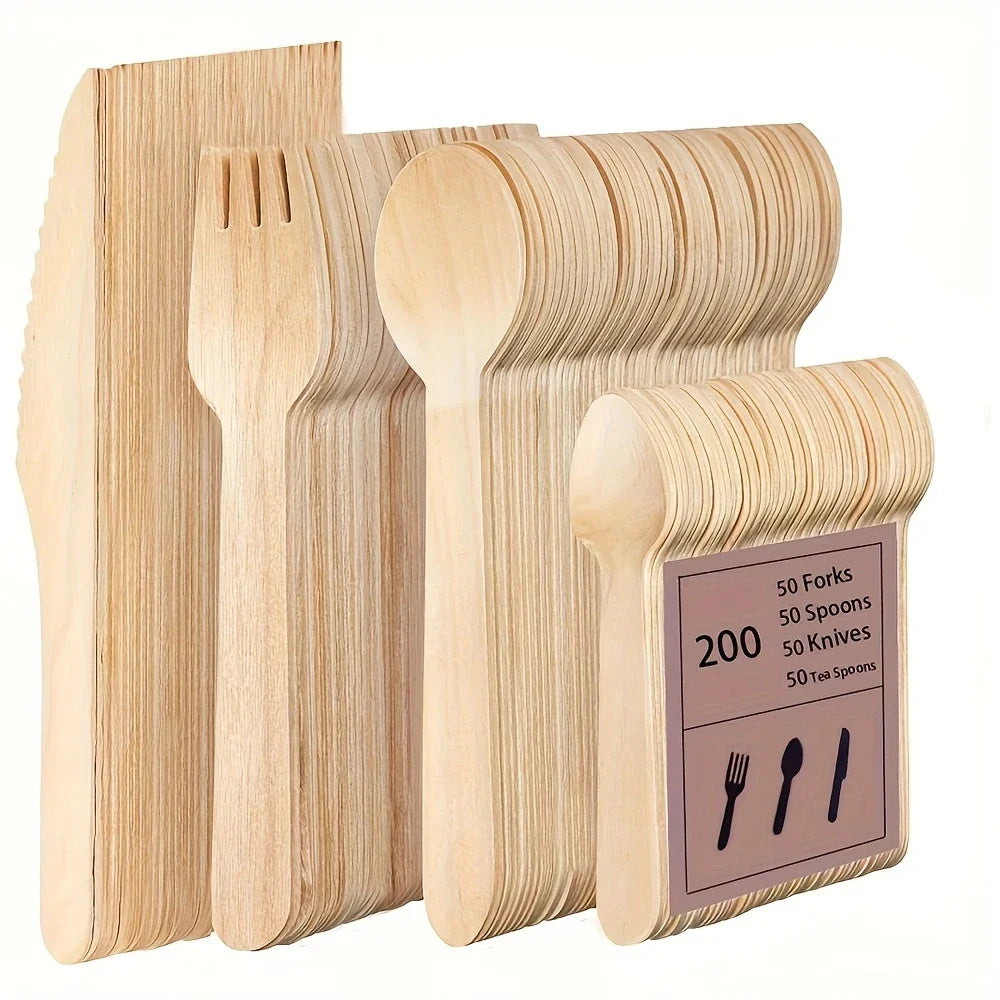 200 Pcs Party Disposable Wooden Tableware Set including forks, spoons, and teaspoons on a wooden table.