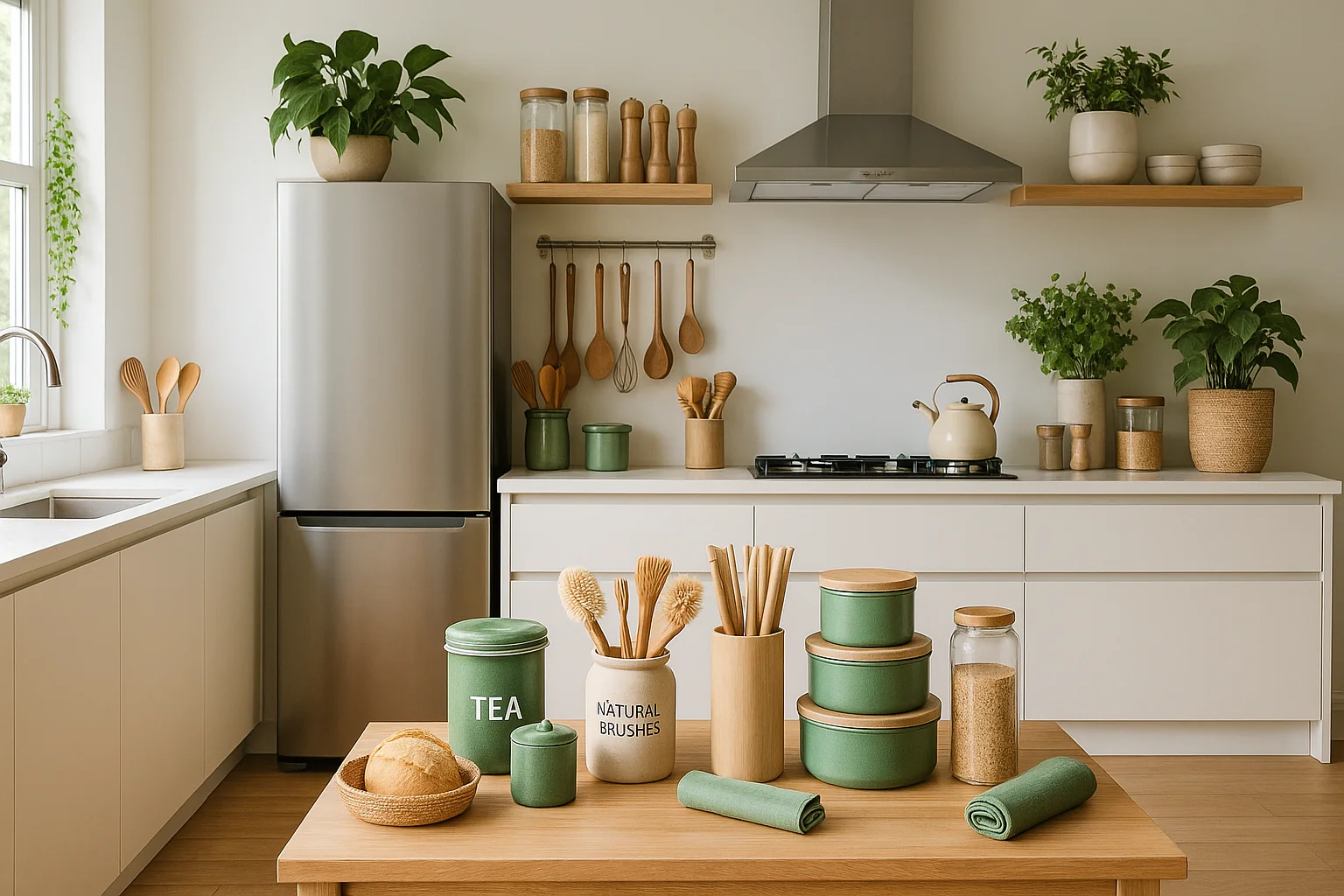 Modern eco-friendly kitchen with stainless steel fridge, sustainable utensils, and green plants – EcoNest Kitchen lifestyle banner
