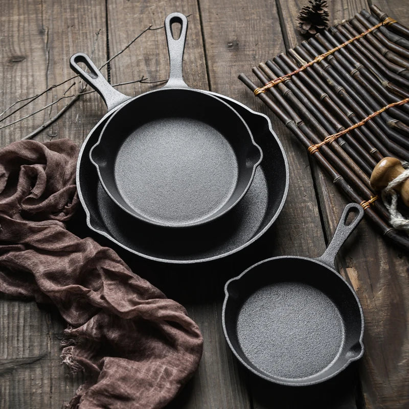 EcoNest Kitchen non-stick cast iron frying pan set with spouts, available in 14cm, 16cm, and 20cm sizes, suitable for gas and induction stoves.
