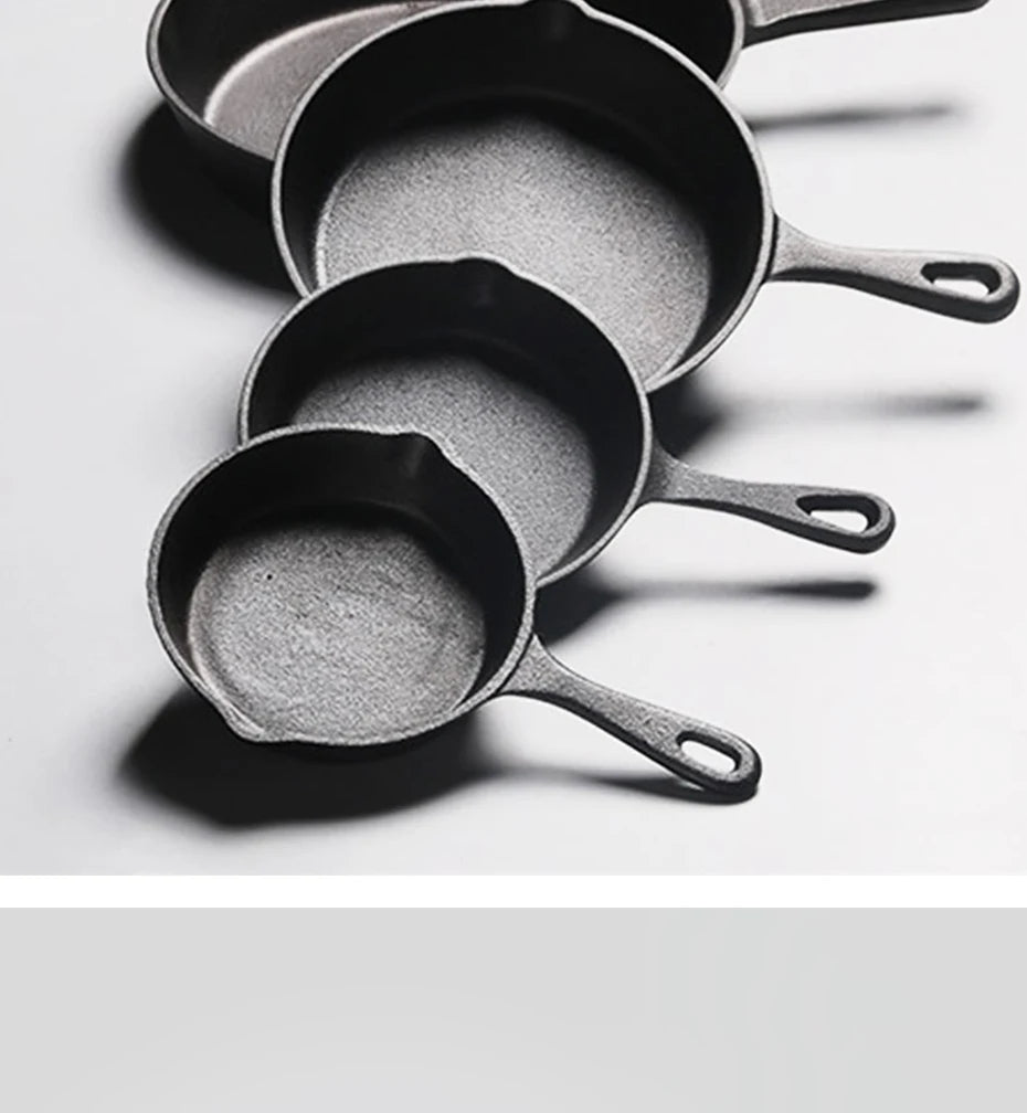 EcoNest Kitchen non-stick cast iron frying pan set with spouts, available in 14cm, 16cm, and 20cm sizes, suitable for gas and induction stoves.
