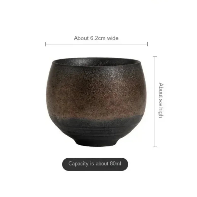 Black ceramic cup with dimensions and capacity information on a white background