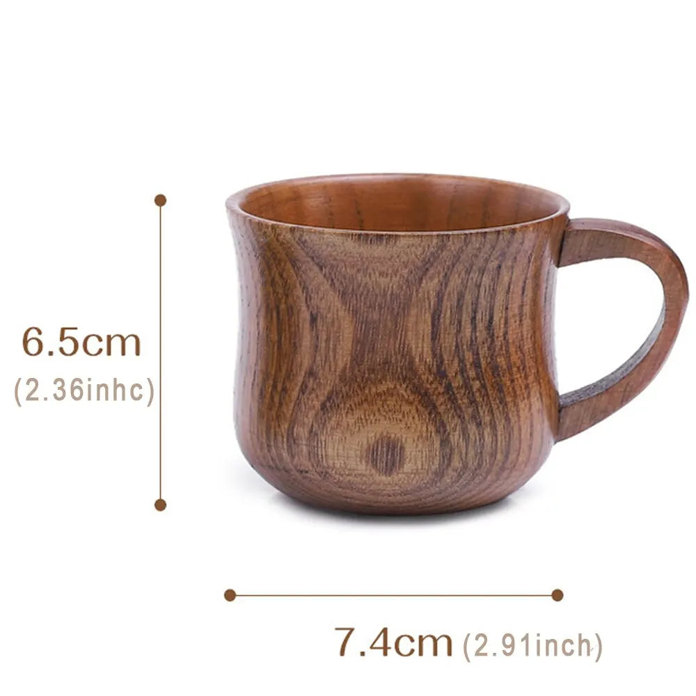 EcoNest 130ml Eco-Friendly Solid Wood Cup with Handle featuring tea inside on a rustic wooden table.