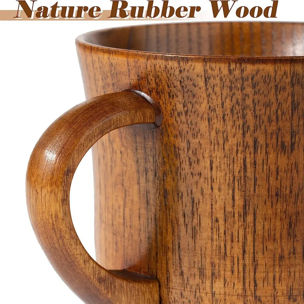 EcoNest 130ml Eco-Friendly Solid Wood Cup with Handle featuring tea inside on a rustic wooden table.