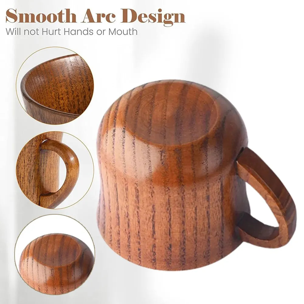 EcoNest 130ml Eco-Friendly Solid Wood Cup with Handle featuring tea inside on a rustic wooden table.