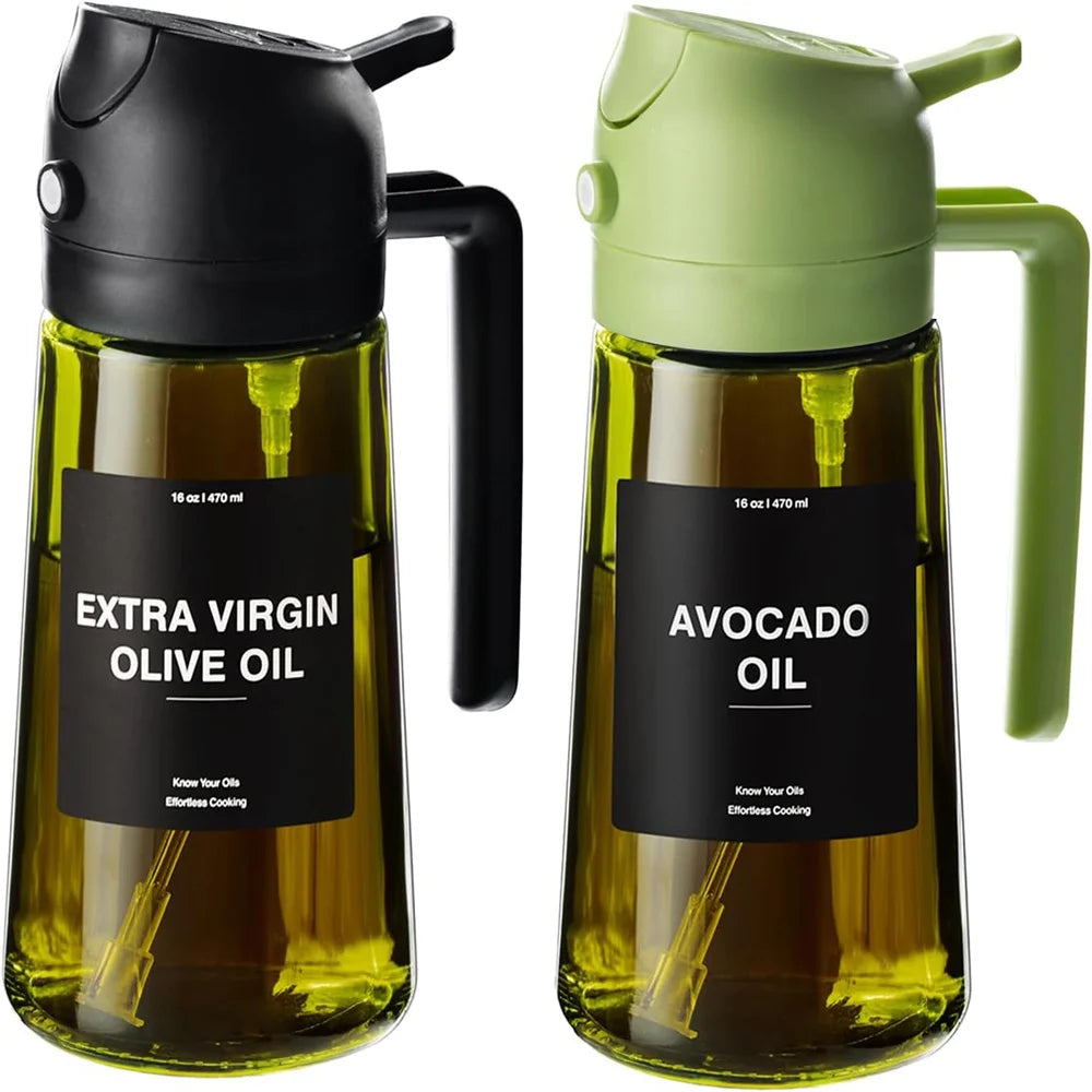 Two bottles of olive oil and avocado oil with labels on a white background