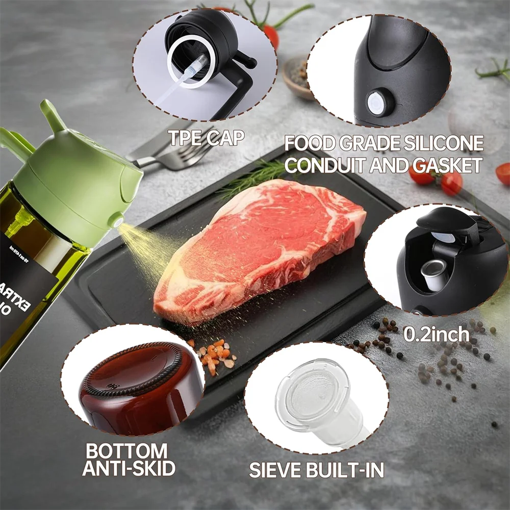Product features with close-ups and text labels on a dark surface with a steak.